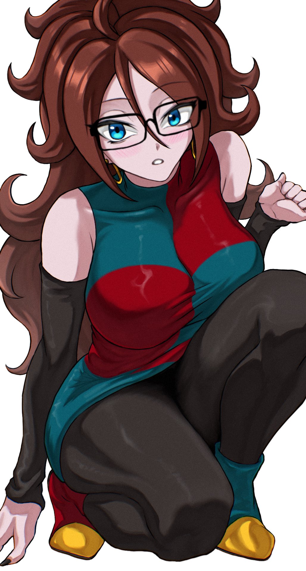 android 21, android 21 (human), blue eyes, breasts, brown hair, busty, dragon ball, dragon ball fighterz, dragon ball z, female, glasses, kneeling, light skin, light-skinned female, looking up at viewer, takundraws, white background