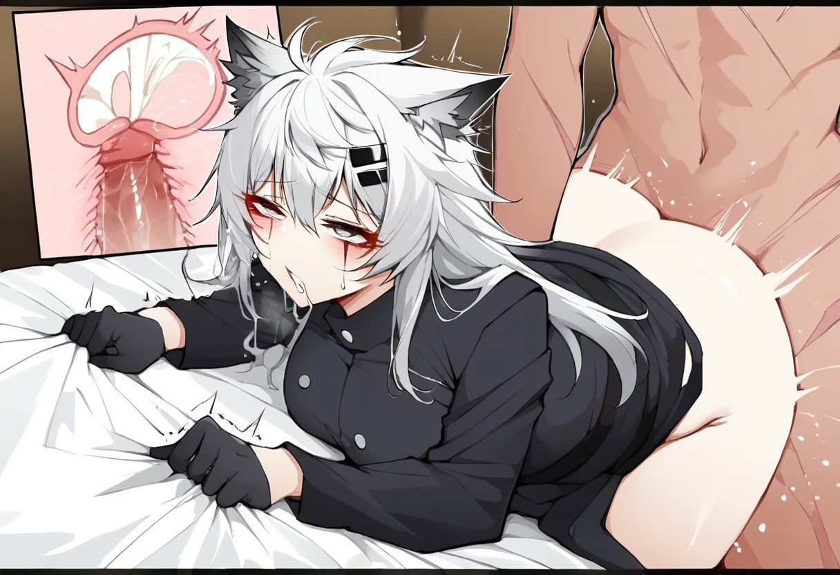 ai generated, arknights, cumshot, female, gripping sheets, lappland (arknights), x-ray