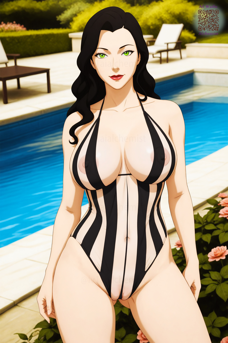 ai_generated asami_sato avatar_legends avatar_the_last_airbender black_hair cameltoe cleavage green_eyes large_breasts lipstick long_hair lv1aialchemist pale_skin plunging_neckline seethrough_clothing swimsuit the_legend_of_korra