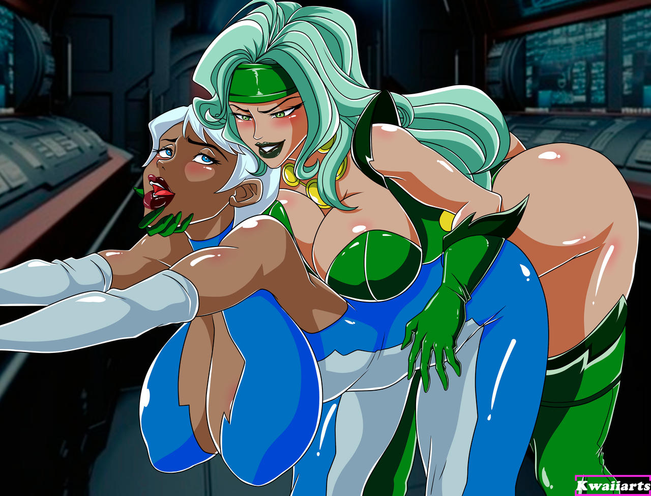 2girls ahe_gao ass bent_over blue_eyes blush breasts choker cleavage clothing dark-skinned_female dark_skin dc dc_comics elbow_gloves female finger_in_another's_mouth fire_(dc) gloves green_eyes green_gloves green_hair green_leotard green_lips headband huge_breasts ice_(dc) implied_futanari impossible_clothes kwaiiarts large_breasts leotard lipstick long_hair makeup multiple_girls open_mouth sex short_hair skin_tight smile tagme thighhighs tongue tongue_out torn_clothes white_hair yuri