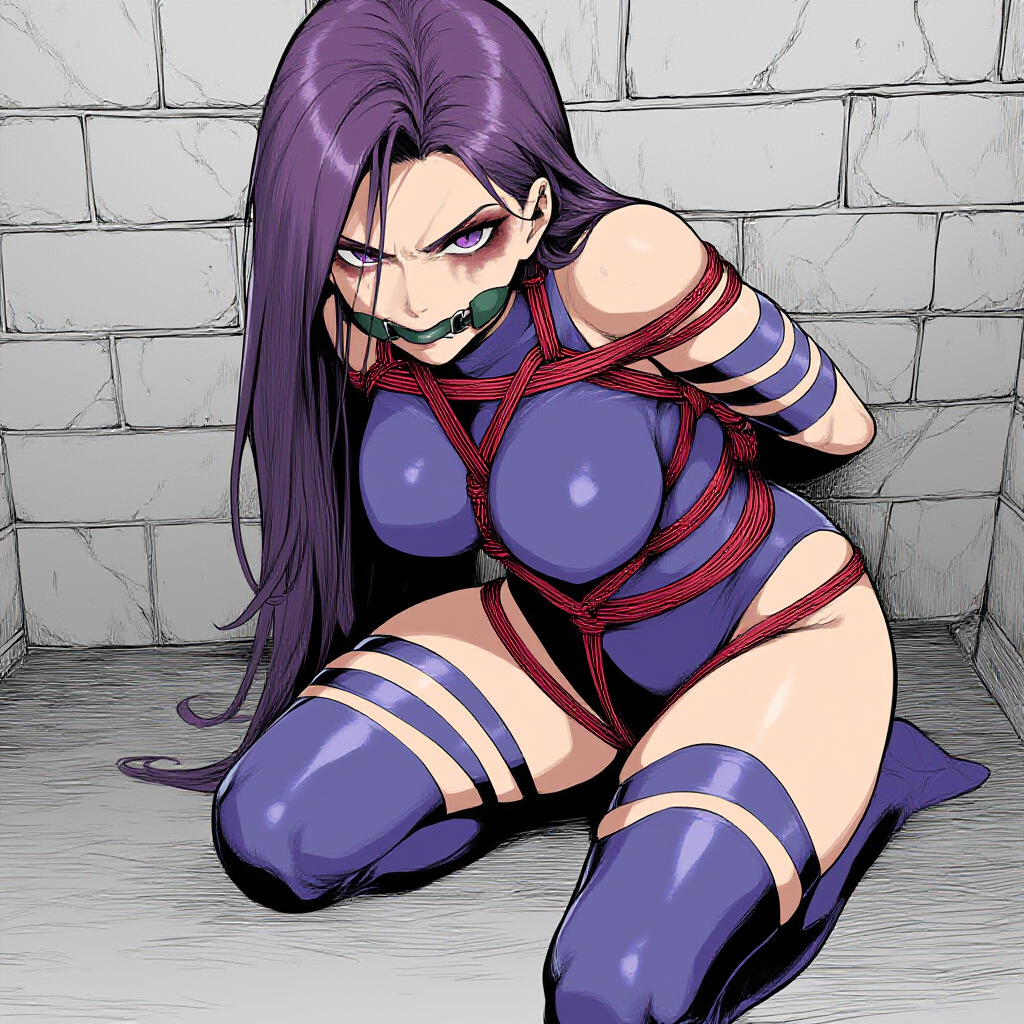 ai_generated angry bondage looking_at_viewer marvel psylocke purple_hair rope tagme tight_clothing