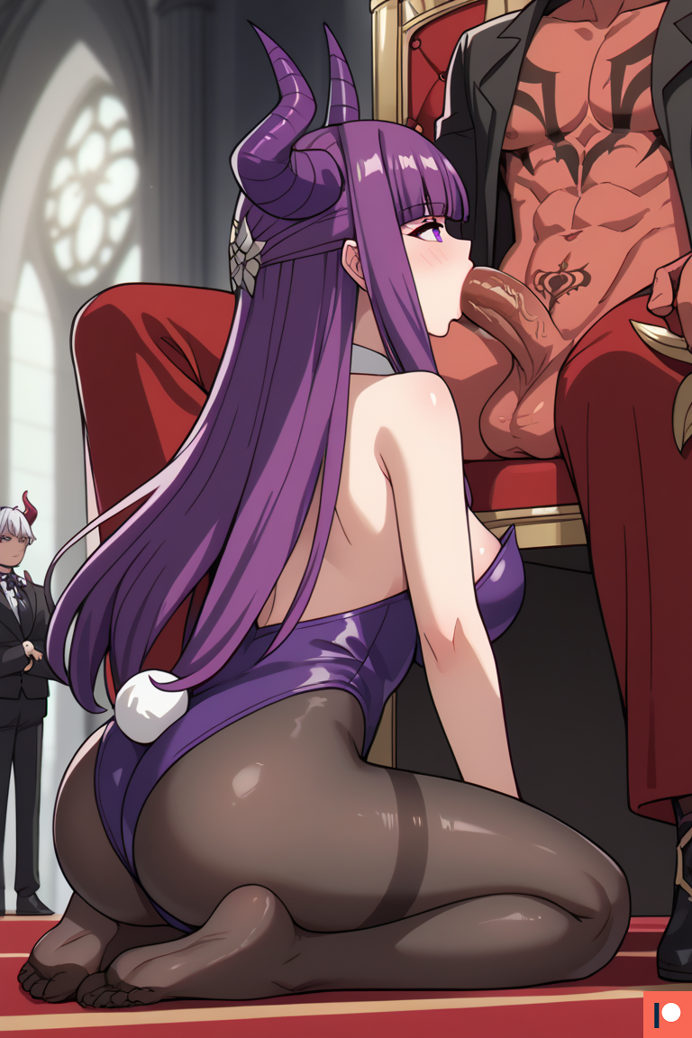 1girl1boy ai_generated big_breasts big_penis blowjob blush brainwashed bunnysuit demon demon_girl demon_horns demon_male dominant_male female fern_(sousou_no_frieren) frieren_beyond_journey's_end kneeling long_hair omega_weirdo patreon purple_eyes purple_hair red_skinned_male servicing_from_below side_view sousou_no_frieren submissive_female submitting_to_cock throne throne_room throne_sex