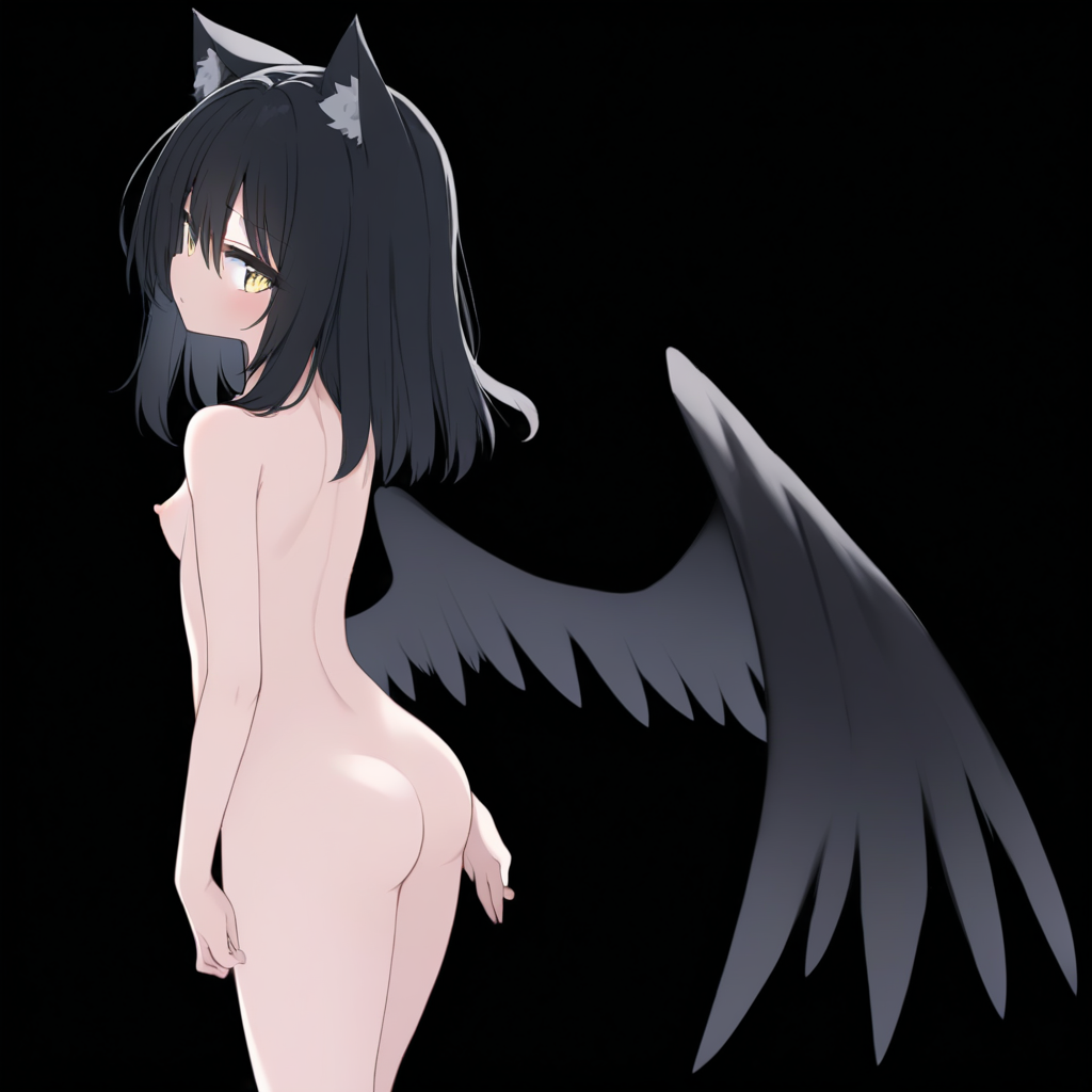 1girls ai_generated animal_ear_fluff animal_ears ass black_background black_hair black_wings breasts breasts cat_ears catgirl closed_mouth completely_nude feathered_wings female from_behind long_hair looking_at_viewer looking_back medium_hair nipples nude pink_nipples simple_background small_boobs small_breasts solo standing tatrask wings yellow_eyes