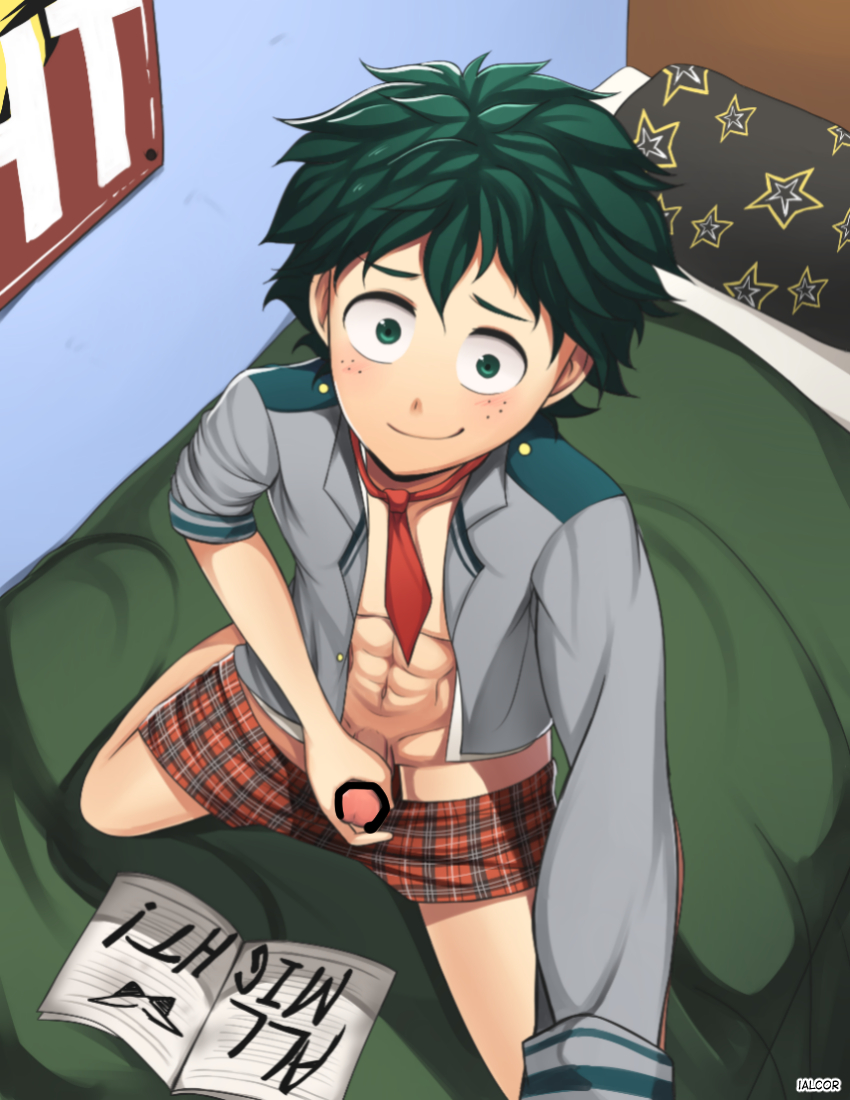 bed blush cute erection freckles ialcor izuku_midoriya looking_at_viewer male male_only masturbation my_hero_academia on_knees penis smile solo straight_hair underwear undressing