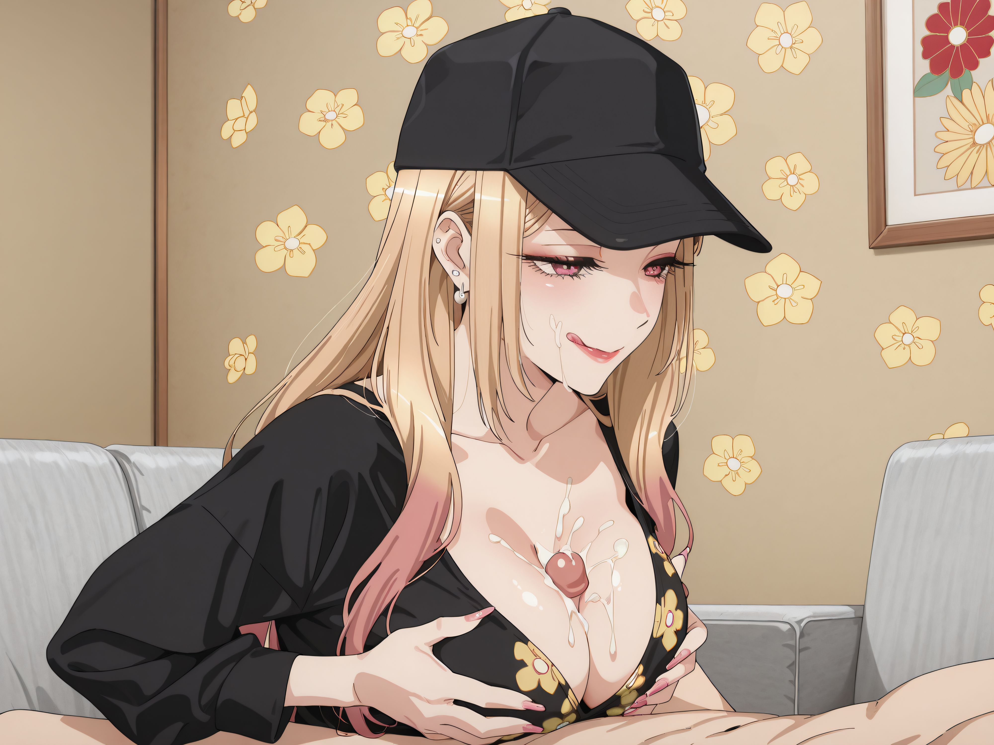 ai, ai assisted, ai generated, breasts, cleavage, cock worship, cum, cum on face, female, hat, kitagawa marin, male, marin kitagawa, paizuri, paizuri under clothes, penis, sono bisque doll wa koi wo suru, teenage female, titjob