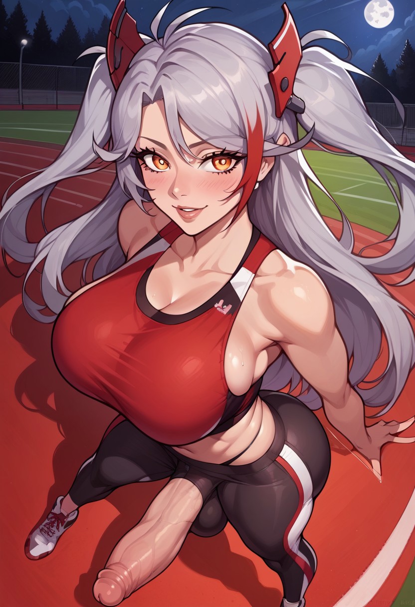 ai_generated bra cum cum_drip cum_on_body cum_on_breasts cum_on_face futa_focus futa_only futanari huge_ass huge_balls huge_breast huge_butt huge_cock krauswnori prinz_eugen_(azur_lane) skindentation sports_bra sportswear spots