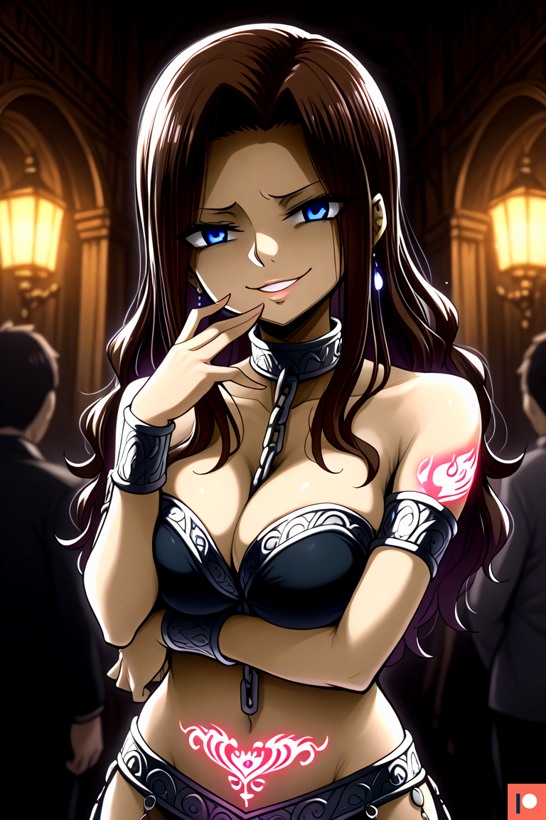 ai_generated big_breasts blue_eyes brown_hair cana_alberona collar corruption dancer_outfit earrings enemy_conversion evil evil_grin evil_smile fairy_tail female front_view gesugao glowing_eyes hand_to_own_mouth harem_outfit huge_breasts long_hair looking_at_viewer omega_weirdo patreon pubic_tattoo seductive_smile slave_collar smile smiling smiling_at_viewer solo_focus tattoo