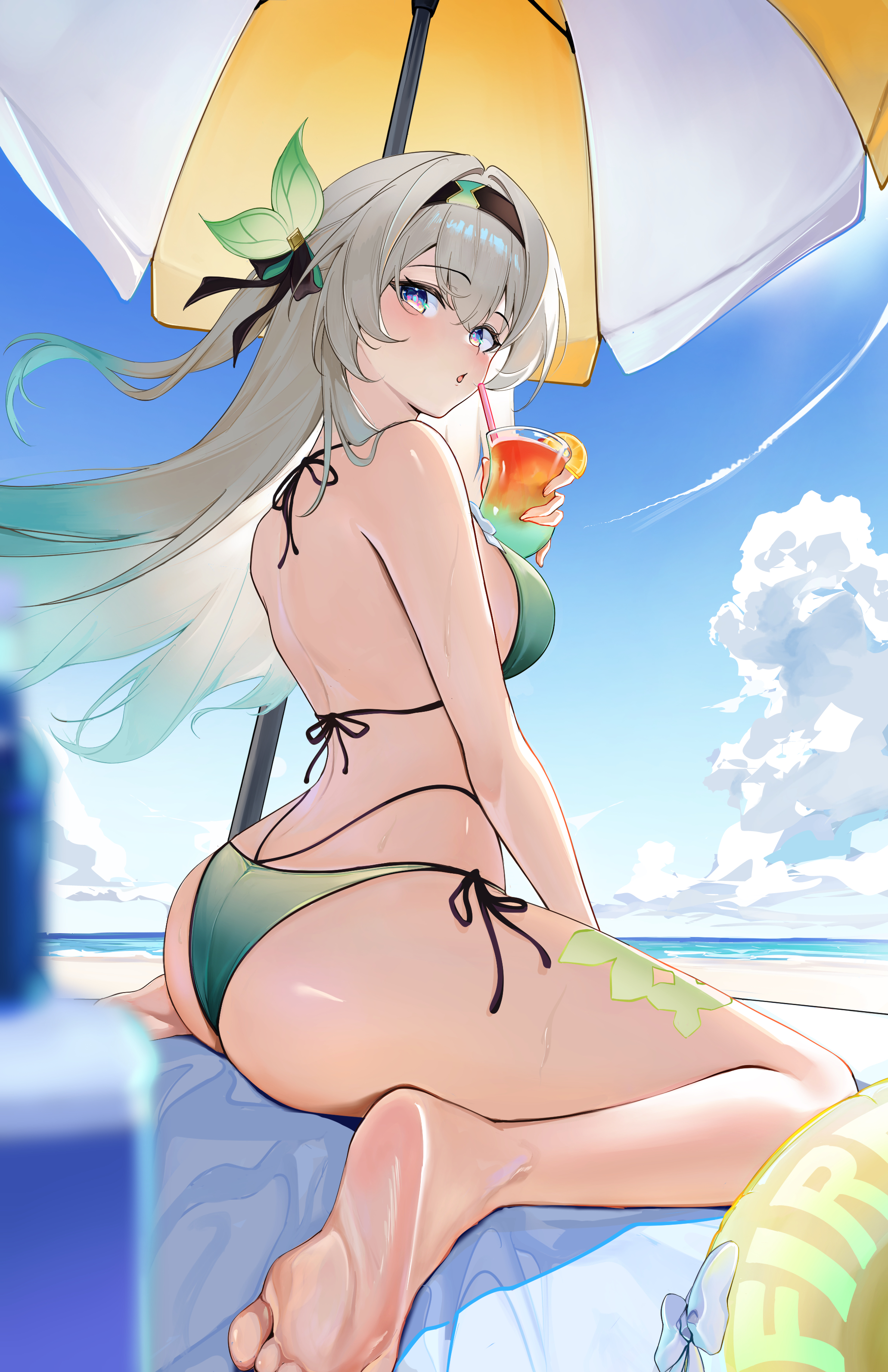 1girl, absurdres, alternate costume, ass, beach, blue sky, breasts, brown hairband, commentary request, cup, day, drinking glass, firefly (honkai: star rail), from behind, grey hair, hairband, highres, holding, holding cup, honkai (series), honkai: star rail, innertube, looking at viewer, medium breasts, ocean, purple eyes, sitting, sky, solo, swim ring, swimsuit, wariza