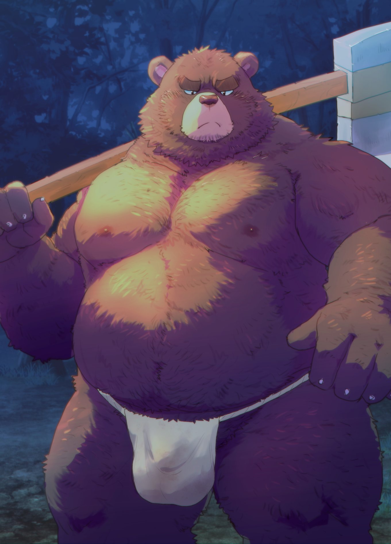 2025 anthro asian_clothing bear belly big_belly bulge clothing east_asian_clothing fundoshi hi_res japanese_clothing kemono male mammal moobs night nipples outside overweight overweight_male plant solo tree underwear weapon white_clothing white_fundoshi white_underwear yakiniku