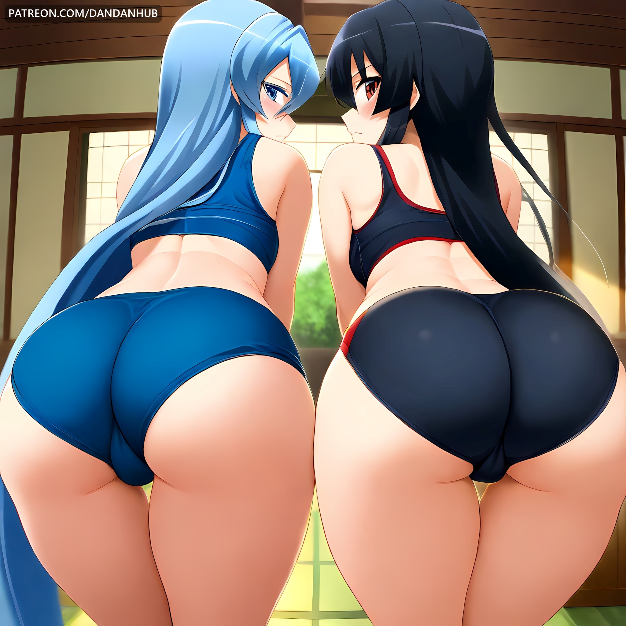 2girls, ai generated, akame (akame ga kill!), akame ga kill!, ass, bent over, black hair, blue eyes, blue hair, blush, buruma, dandanhub, esdeath (akame ga kill!), female, female only, from behind, indoors, long hair, looking at viewer, looking back, multiple females, multiple girls, red eyes, sports bra, thigh gap, very long hair