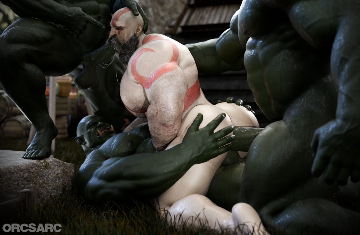 3boys balls bara barazoku gay god_of_war kratos male male/male muscular muscular_male naked nude orc orcsarc penis sex threesome