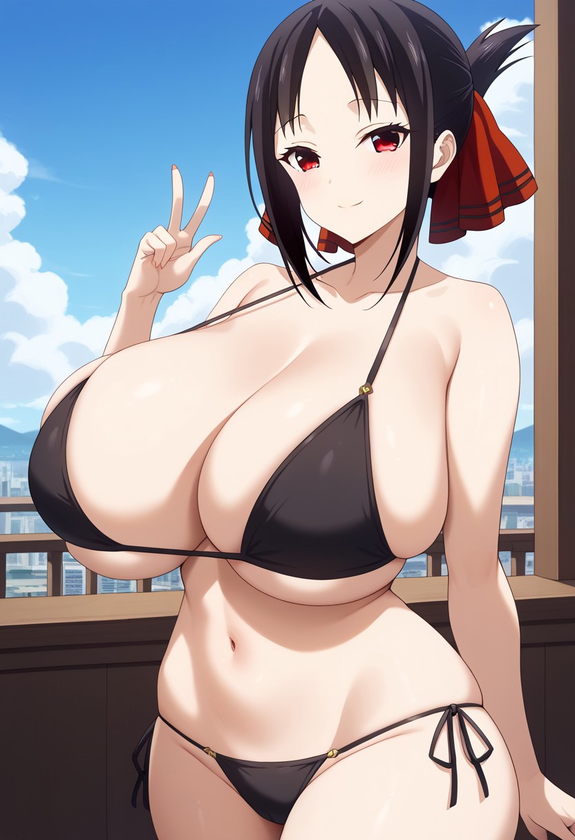 1girls ai_generated big_breasts bikini black_bikini black_hair breasts enormous_breasts female female_focus female_only huge_breasts kaguya-sama_wa_kokurasetai_~tensai-tachi_no_renai_zunousen~ large_breasts looking_pleasured navel red_eyes shinomiya_kaguya smiling smiling_at_viewer thick_thighs thighs