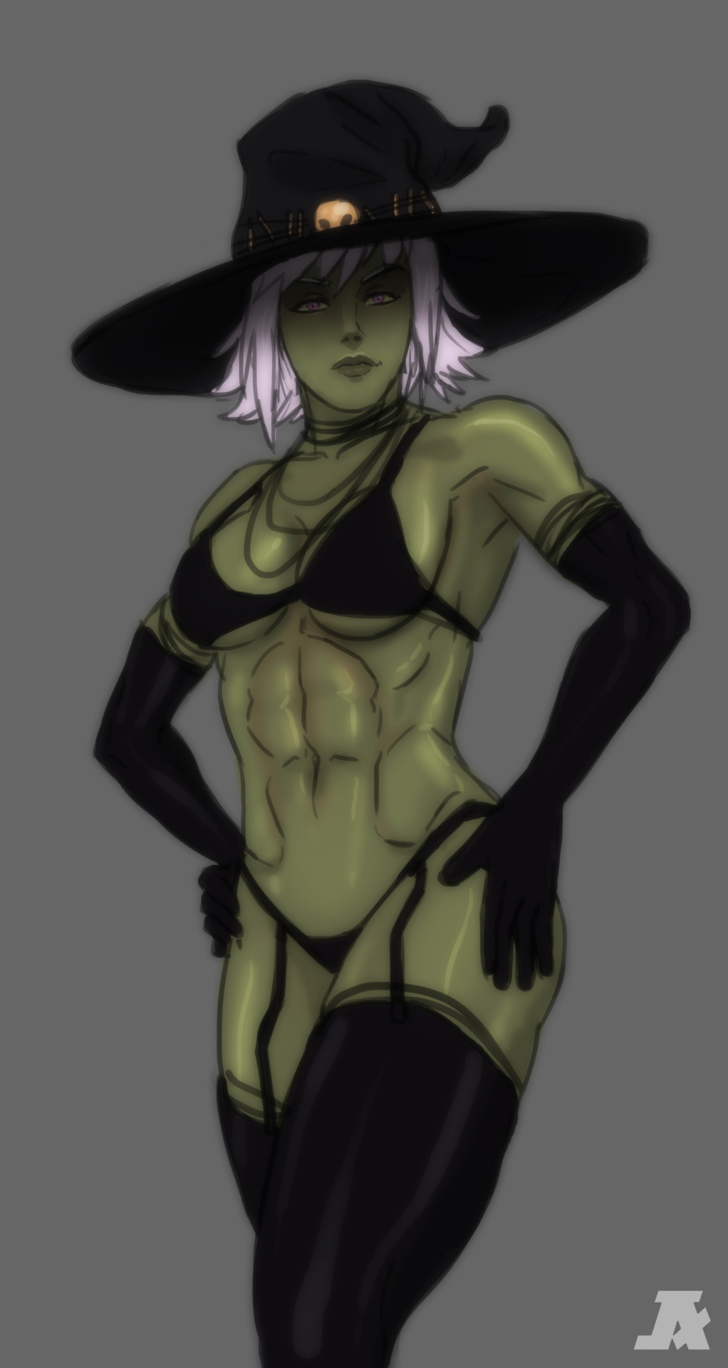 1girls, female, female only, green skin, pumpkinsinclair, short hair, solo, white hair, witch