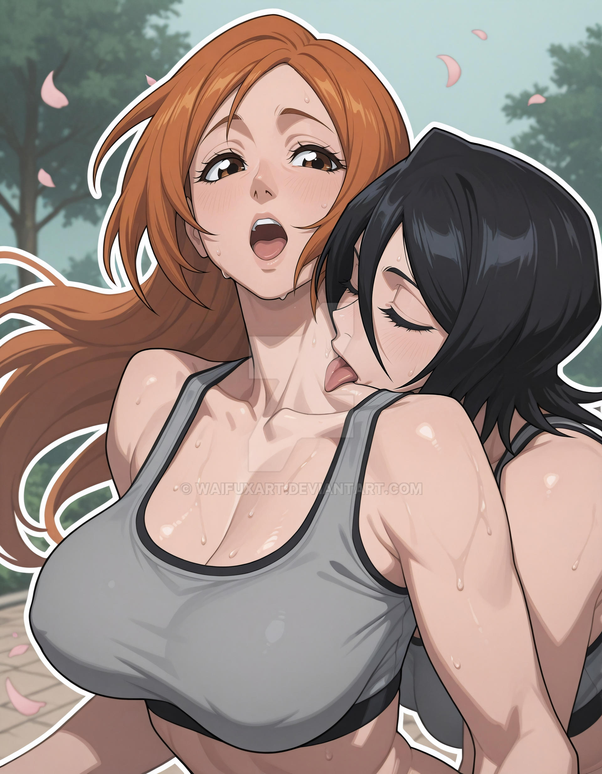 2girls, ai generated, big breasts, black hair, bleach, breasts, cleavage, female, female only, female/female, inoue orihime, kuchiki rukia, licking neck, long hair, multiple females, multiple girls, open mouth, orange hair, short hair, sports bra, sweat, waifuxart, yuri