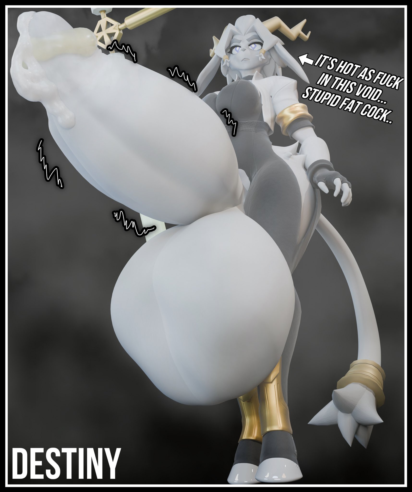 3d, 3d (artwork), 3d model, 3d render, antlers, armor, balls, blue eyes, breasts, clothed, dickgirl, erect penis, futanari, gigantic penis, grey fur, hyper penis, intersex, large breasts, looking away, musk clouds, nsfwdestiny, penis, precum, pseudoregalia, sagging balls, smegma, smelly cock, sybil (pseudoregalia), tagme, unamused, vest