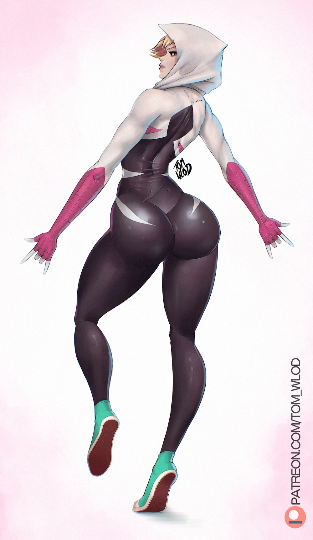 1girls ass big_ass blonde_female blonde_hair bodysuit crazydraftsman marvel marvel_comics solo solo_female spider-gwen spider-man_(series) tight_bodysuit