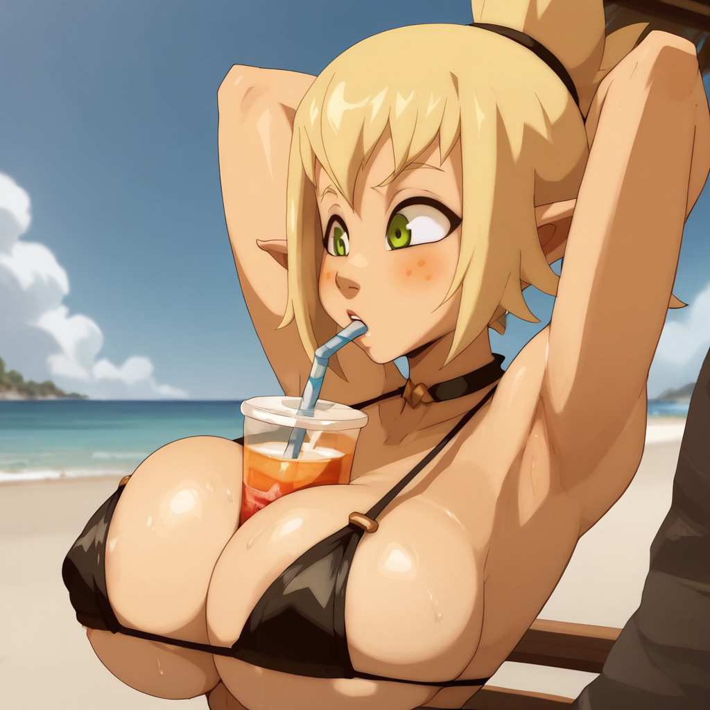 ai_generated armpits beach between_breasts big_breasts bikini blonde_hair cra dofus evangelyne green_eyes wakfu