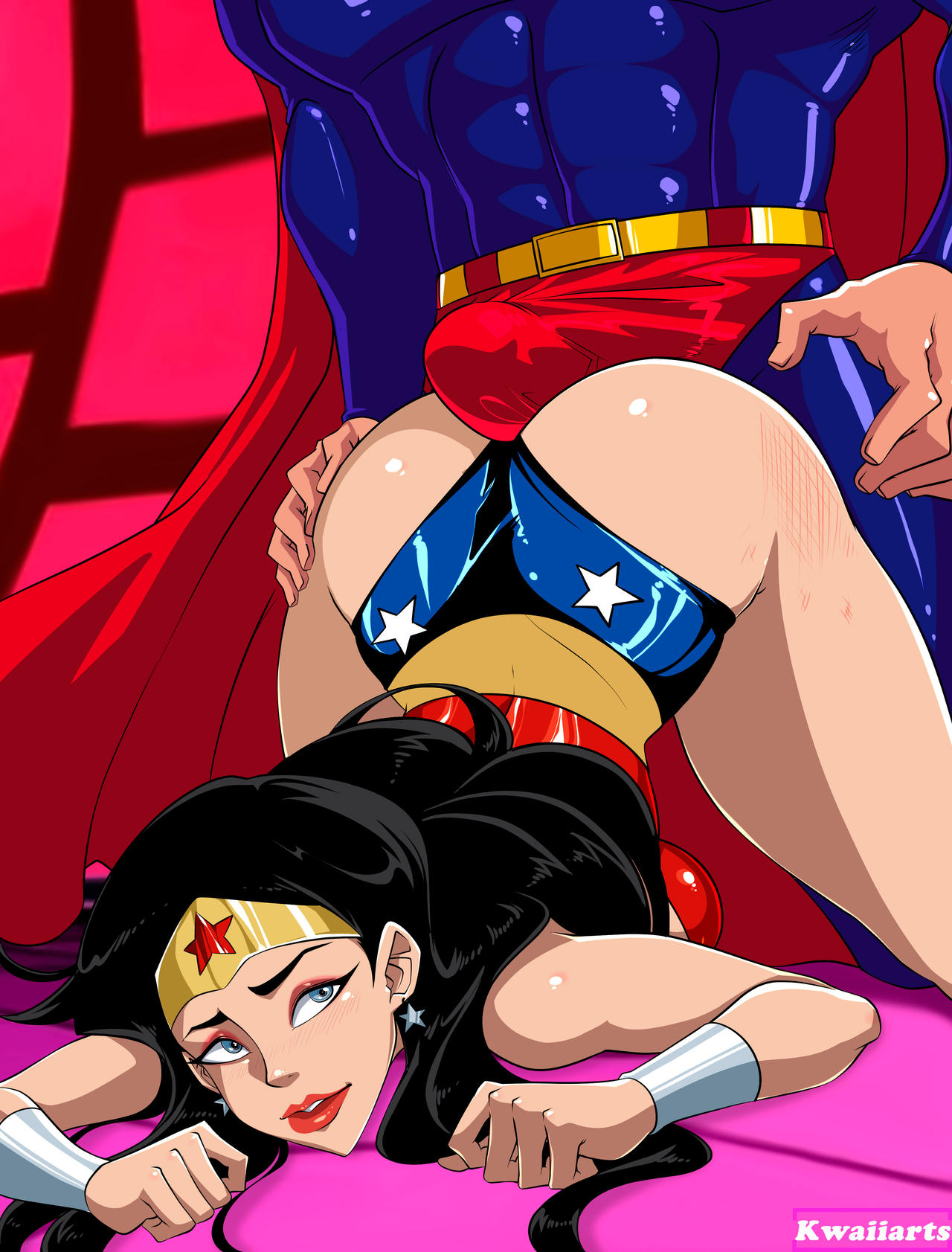 1boy all_fours artist_name ass ass_grab bare_shoulders belt bent_over black_hair blue_eyes blush bodysuit bracer breasts bulge cape circlet clark_kent clothing crown dc dc_comics diana_prince earrings erection erection_under_clothes female imminent_penetration jewelry justice_league kwaiiarts large_breasts leotard lips lipstick long_hair makeup male parted_lips penis pink_lips red_leotard red_lips sash sex skin_tight smile solo_focus star_(symbol) star_earrings star_print straight superhero superheroine superman superman_(series) tagme thighs tiara top-down_bottom-up western_comic wonder_woman wonder_woman_(series)