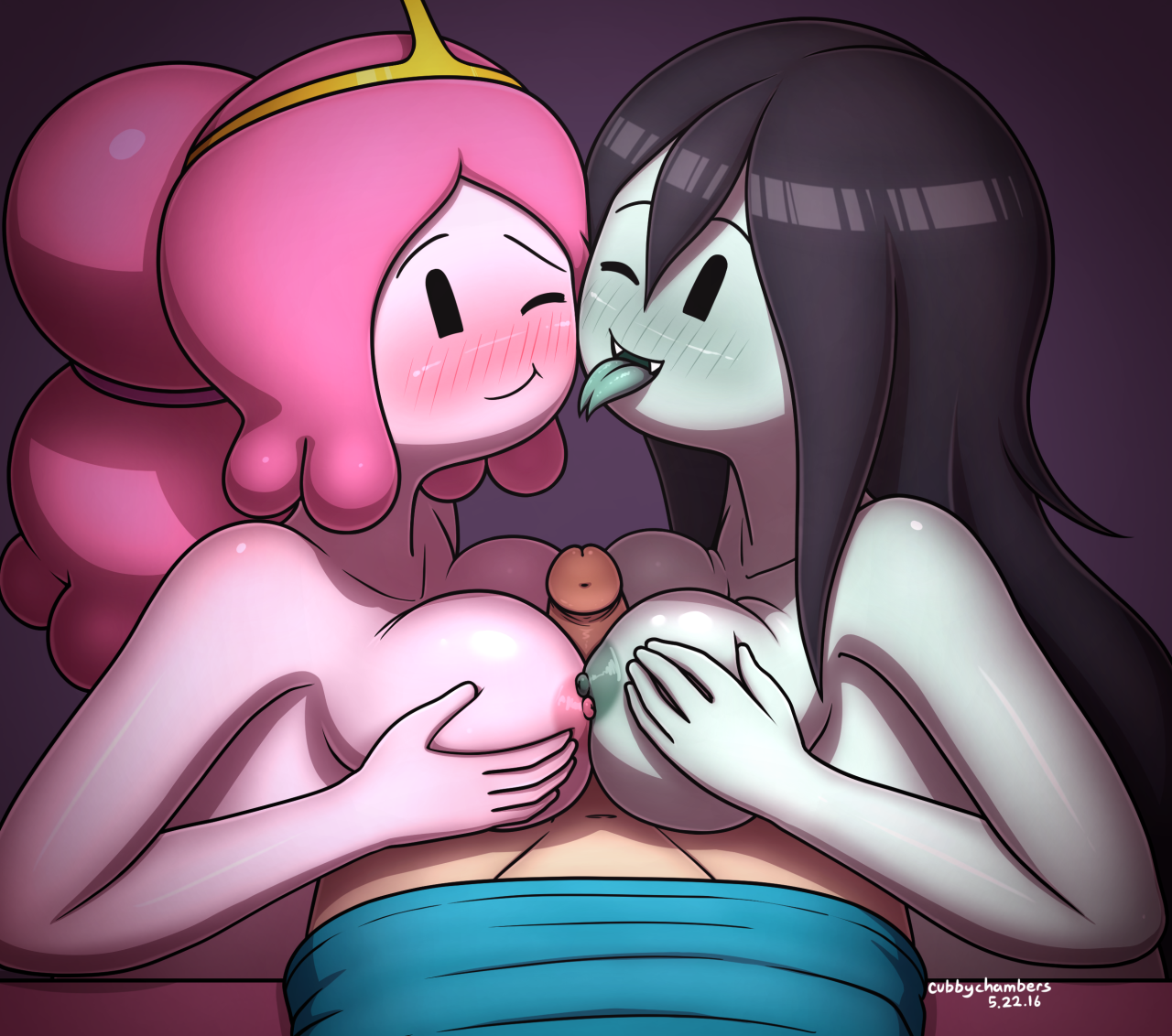 1boy, 2girls, adventure time, breasts, cubbychambers, double paizuri, female, ffm threesome, finn the human, happy sex, male, marceline, multiple paizuri, paizuri, princess bubblegum, straight hair, threesome