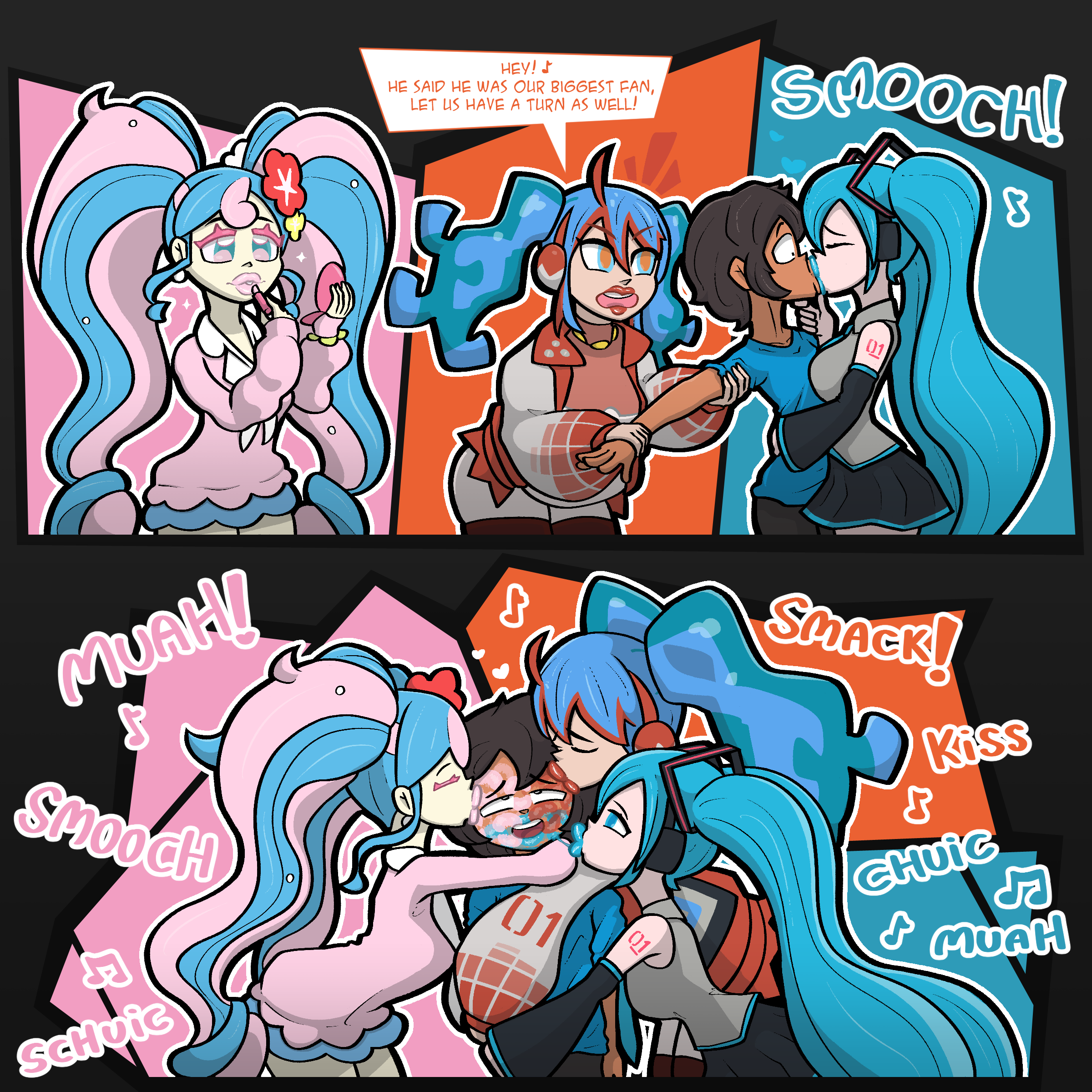 1boy, 2d, 2d (artwork), 2d artwork, 2girls, 3girls, ahoge, applying lipstick, applying makeup, black hair, black hair male, blue and pink hair, blue eyes, blue hair, blue hair female, blue kiss mark, blue lips, blue lipstick, blue lipstick mark, blush, breasts, brown hair, closed eyes, comic, comic panel, dark skin, dark-skinned female, dark-skinned male, detached sleeves, dialogue, digital drawing (artwork), english text, female, feminine, hair ornament, hatsune miku, hatsune miku (fairy-type trainer), hatsune miku (fire-type trainer), headphones, heart, kiss, kiss mark, kiss mark on face, kissing, kissing cheek, light skin, light-skinned female, lipstick, lipstick mark, long hair, long hair female, makeup, male, male/female, mk210, multicolored hair, multiple females, multiple girls, musical note, mwah, not porn, open mouth, panels, pink hair, pink kiss mark, pink lips, pink lipstick, pink lipstick mark, pokemon, project voltage, red kiss mark, red lips, red lipstick, red lipstick mark, shirt, short hair, short hair male, skirt, smooch, smooch (sound effect), solo, solo male, text, thighhighs, twintails, two-tone hair, very long hair, vocaloid, yuri