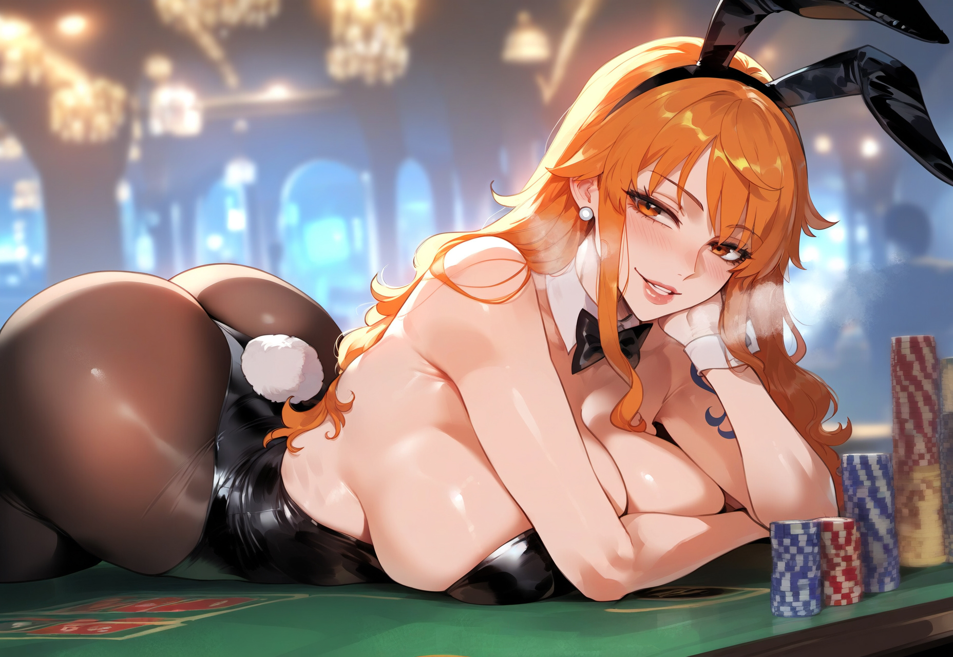 1girls, ai generated, animal ears, animal tail, ass, bangs, bar (place), bare shoulders, black legwear, black leotard, blurry background, blush, bowtie, breasts, brown eyes, bunny ears, bunny girl, bunny tail, bunnysuit, casino, casino table, cleavage, clothing, curvaceous, curvaceous female, curvaceous figure, curvy, curvy figure, detached collar, earrings, fake animal ears, fake tail, female, female focus, female only, grin, highleg, highleg leotard, huge breasts, indoors, jewelry, large breasts, legwear, leotard, lips, long hair, looking back, lying, miyuai, nami (one piece), neckwear, on stomach, one piece, open mouth, orange hair, pantyhose, parted lips, playboy bunny, poker chip, shiny, shiny skin, shoulder tattoo, sideboob, sidelocks, smile, solo, strapless, strapless leotard, table, tail, tattoo, voluptuous, voluptuous female, wrist cuffs