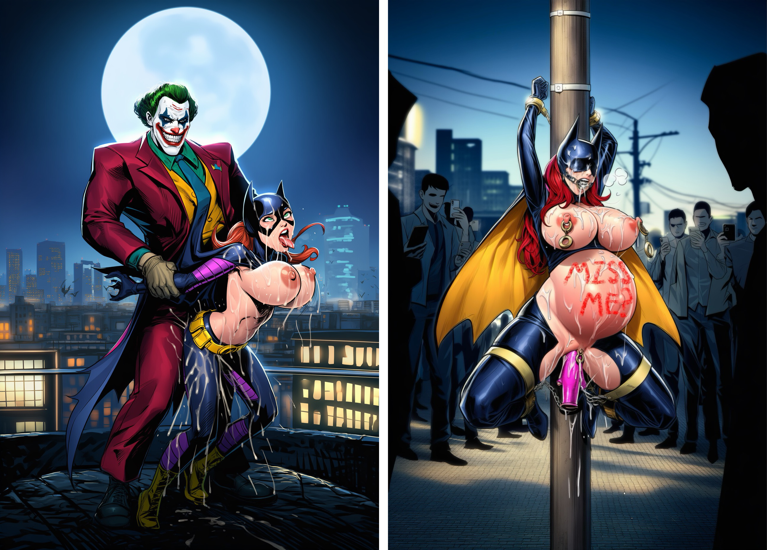 1boy, 1boy1girl, 1girls, ahe gao, ai generated, barbara gordon, batgirl, big breasts, bondage, breasts, covered in cum, cum, cum in pussy, cum inside, dc, dc comics, dildo, dildo in pussy, female, gag, green eyes, green hair, impregnation, joker, latex, male, mask, masked female, night, nipple piercing, nipples, outdoors, pregnant, pussy, rape, red hair, rooftop, shaved pussy, suit, tied to pole, uncensored