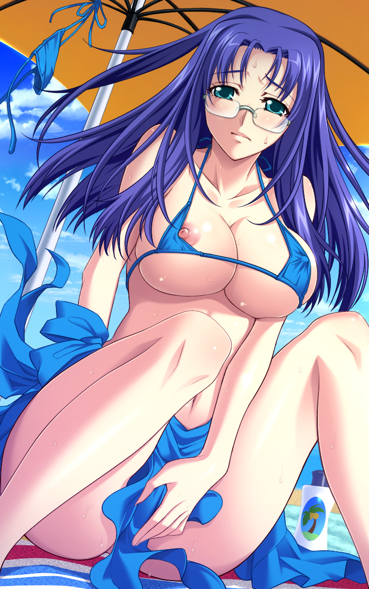 bikini black_rainbow blue_eyes blue_hair breasts gitai_saimin large_breasts nipples swimsuit yasaka_hitomi