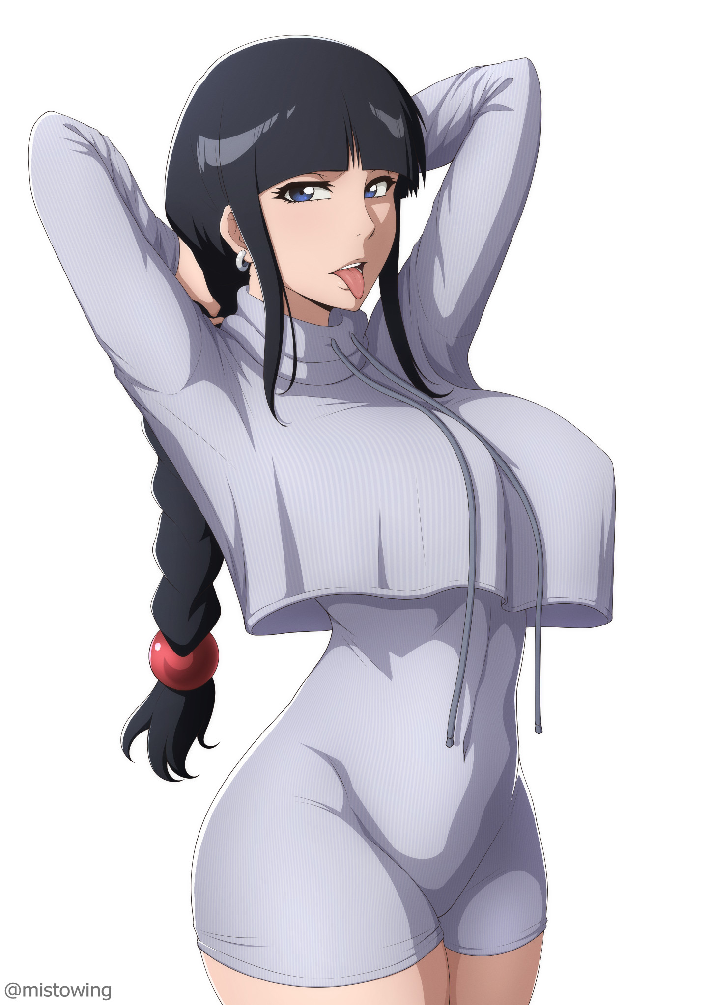 1girls, arms behind head, bangs, black hair, bleach, bleach: the thousand-year blood war, blue eyes, braided ponytail, breasts, clothing, curvy, ear piercing, earrings, female, kurotsuchi nemu, large breasts, looking at viewer, mistowing, mouth open, piercing, ponytail, posing, solo, thick thighs, thin waist, tongue, tongue out, watermark, white background, wide hips