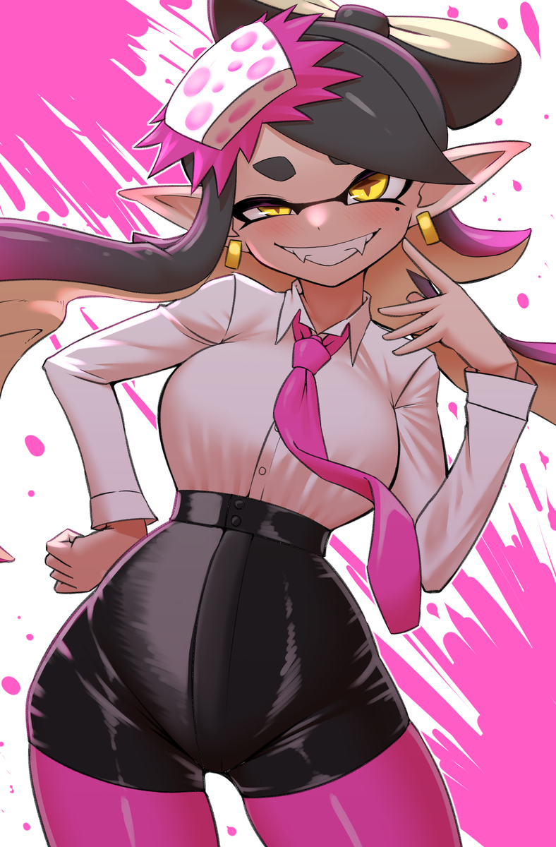 1girls breasts callie_(splatoon) earrings inkling inkling_girl long_hair looking_at_viewer mole mole_under_eye necktie nintendo nobunagapero pink_necktie pointy_ears solo splatoon two_tone_hair yellow_eyes