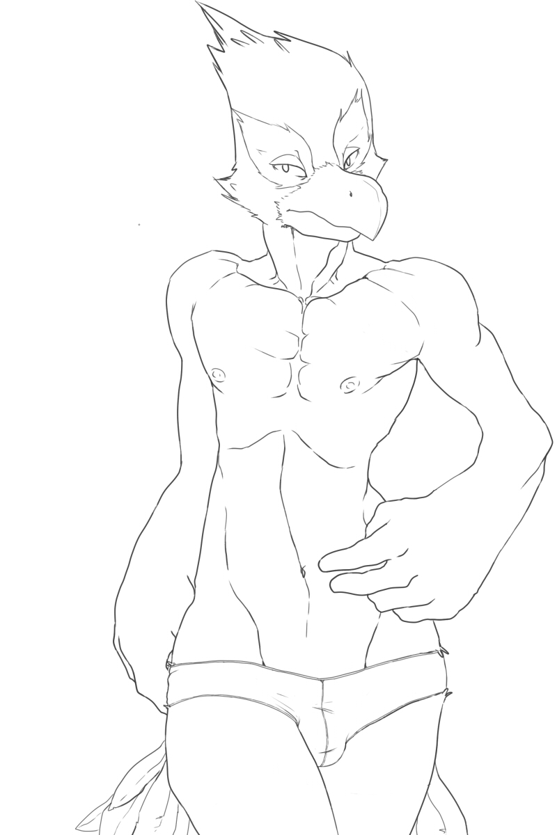 1boy abs anthro athletic avian beak bird black_and_white bulge clothed clothing ducati falco_lombardi front_view line_art looking_away lowleg male male_only monochrome navel nintendo nipples pinup pose solo standing star_fox topless underwear video_games