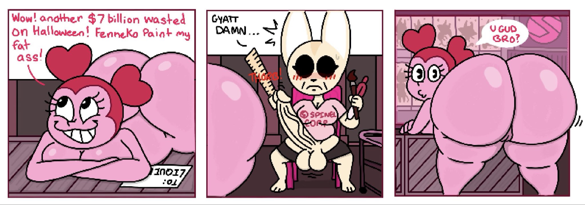2025, 2d, 2d (artwork), about to pound the fuck outta em, aggretsuko, anthro, ass, ass awe, ass focus, big ass, big breasts, big penis, breasts, cartoon network, crossover, eastern and western character, erection, fat ass, fenneko, furry, futanari, gem, gem (species), halloween, huge ass, intersex, penis, pink body, pussy, reset spinel (steven universe), spinel (steven universe), steven universe, tagme, text, theslashfive, uncensored