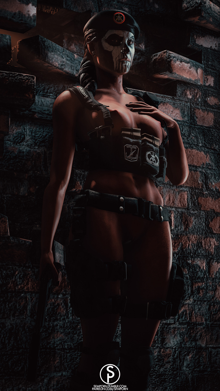 1girls, 2018, 3d, abs, absurdres, areola, areolae, belt, black hair, black nails, braid, brazilian, brazilian female, breasts, caveira (rainbow six), earrings, facepaint, female, female only, gun, hair, hands, highres, lips, looking at viewer, medium breasts, nail polish, navel, nipples, nose, nude, pussy, rainbow six, rainbow six siege, shiny, shiny skin, slop art, solo, source filmmaker, standing, suppressor, tom clancy, weapon