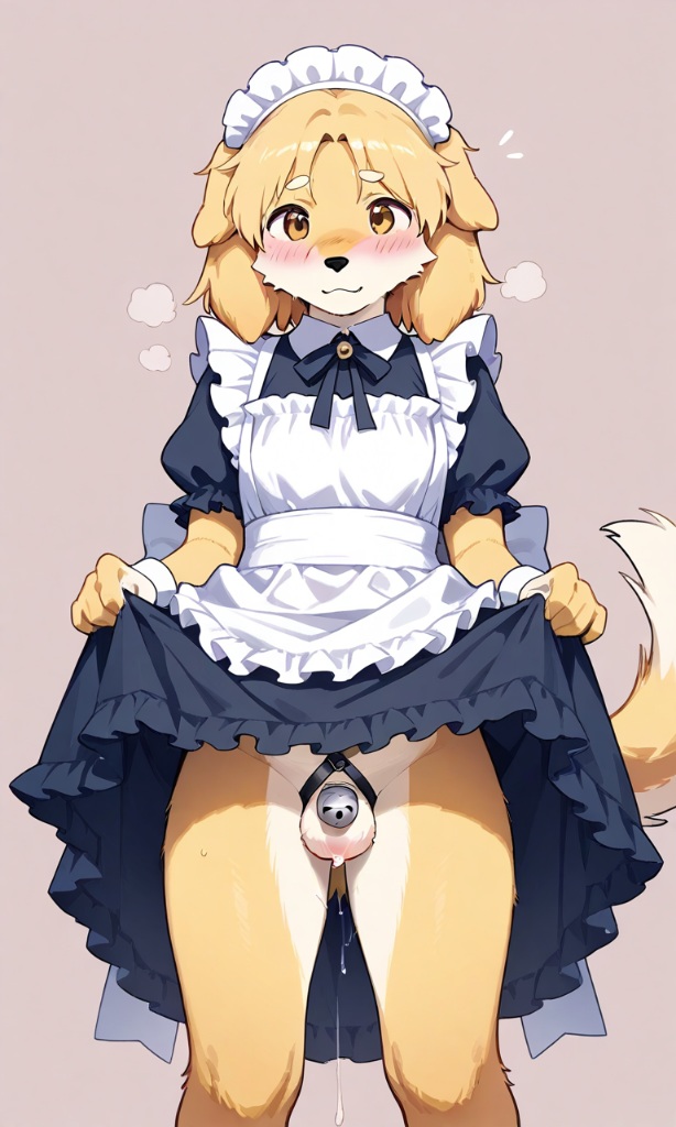 ai_generated ashamed canine chastity_cage embarrassed femboy furry golden_retriever good_boy maid male male_only precum presenting self_upload sissy small_penis