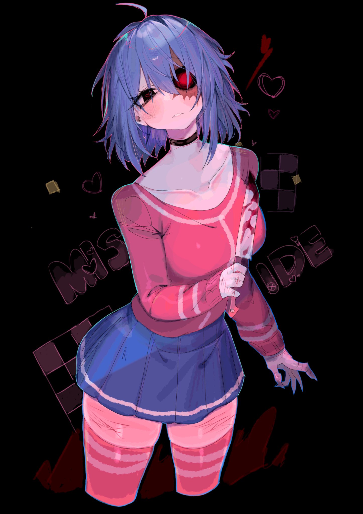 1girls, absolute territory, blood, blue eyes, blue hair, blue skirt, breasts, clothing, crazy mita (miside), crazy mita (true form), female, female only, fully clothed, knife, light skin, light-skinned female, looking at viewer, miniskirt, miside, mita (miside), red shirt, short hair, skirt, solo, thick thighs, thighhighs, usa37107692, wound, yandere