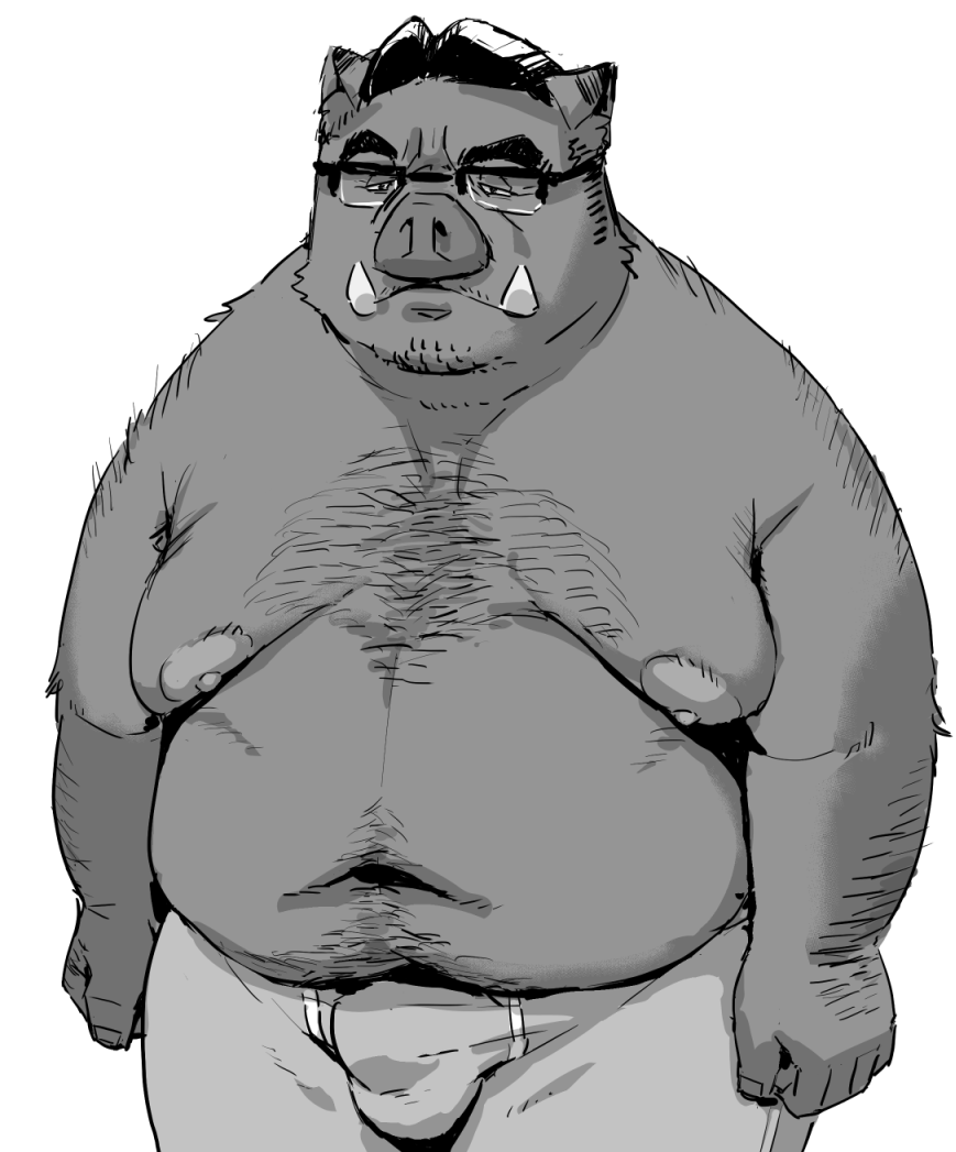 2025 anthro belly bottomwear bulge clothing eyewear gattatta glasses kemono male mammal mature_male monochrome moobs navel nipples overweight overweight_male pants simple_background solo suid suine sus_(pig) white_background wild_boar