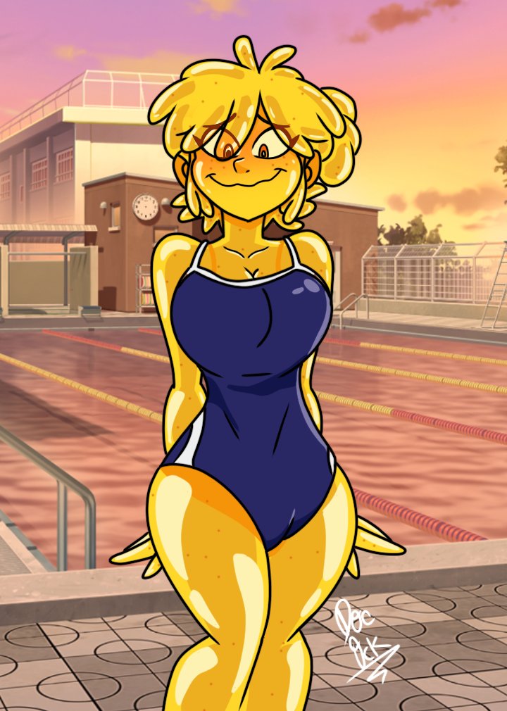 blue_bikini female g-lo_(villainous) happy jelly sea villainous yellow_body yellow_hair