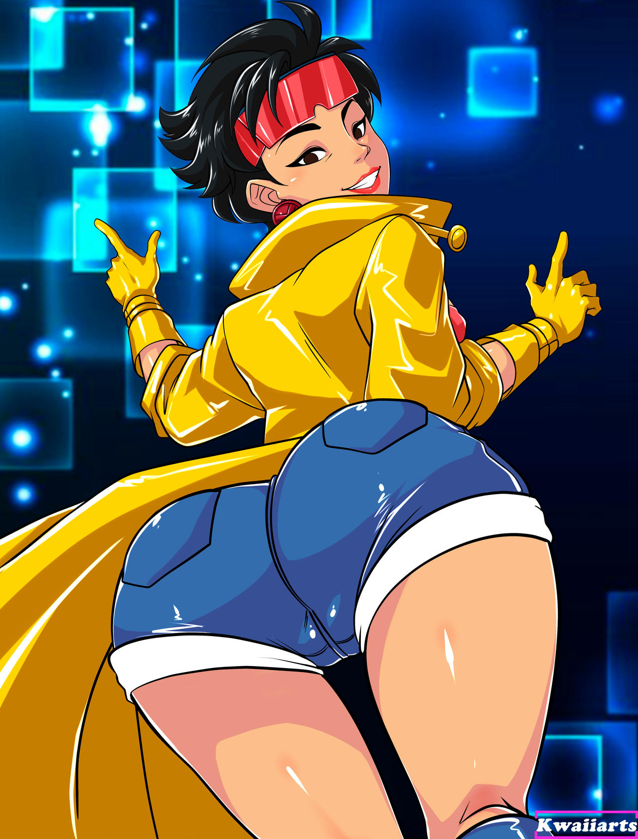 ass ass_focus bent_over black_hair blue_shorts boots breasts brown_eyes clothing denim denim_shorts earrings eyewear_on_head female from_behind gloves grin headwear huge_ass jacket jewelry jubilee kwaiiarts leaning_forward lips looking_at_viewer looking_back makeup marvel marvel_comics short_hair short_shorts shorts smile solo sunglasses tagme thighs x-men x-men_97 yellow_jacket