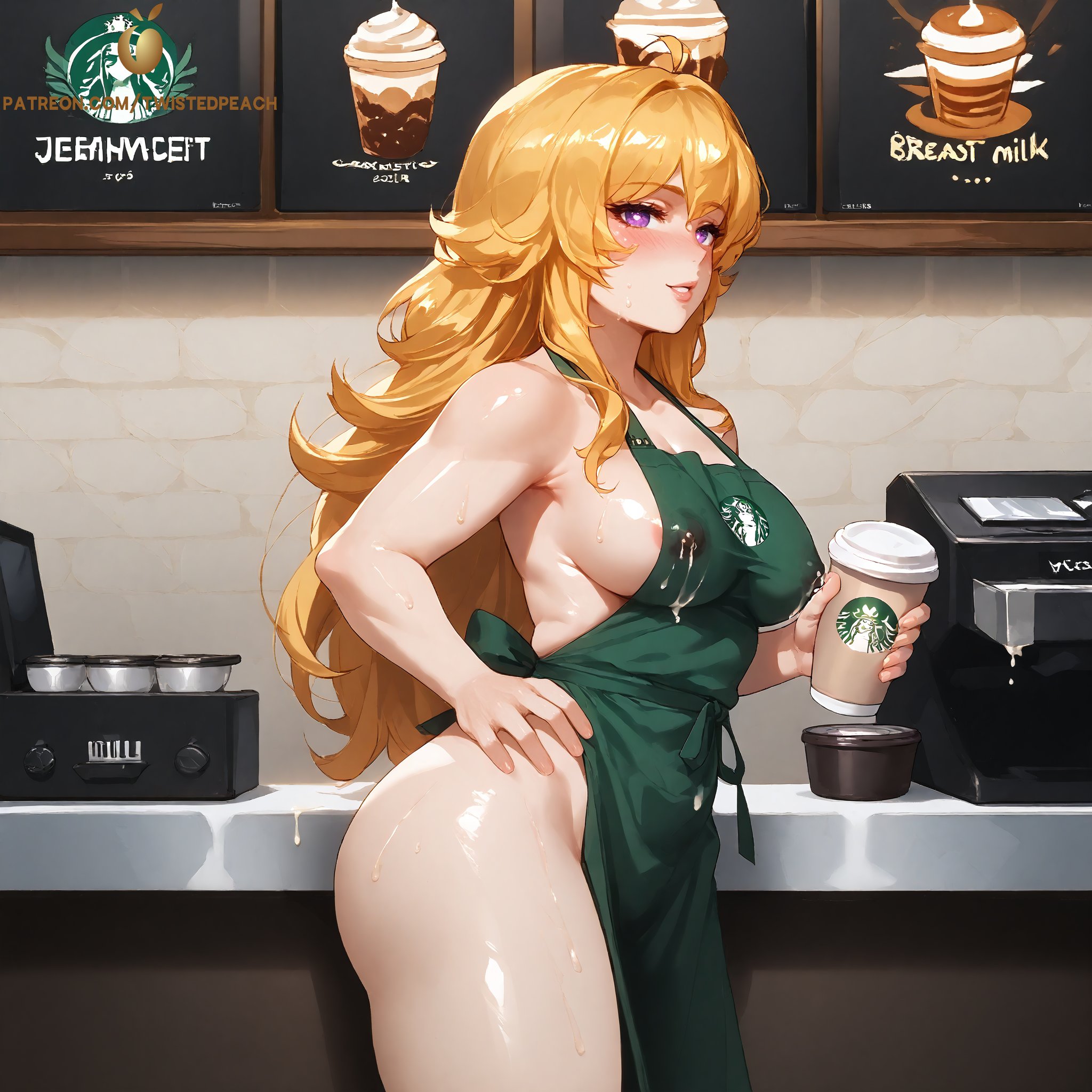 ai generated, coffee, female, lactating, lactation, looking at viewer, naked apron, rwby, tagme, twistedpeach, yang xiao long
