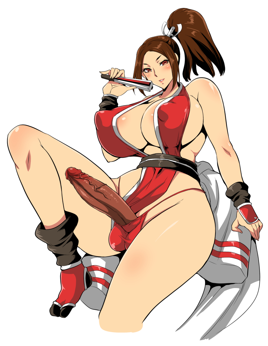 1futa, balls, balls bulge, balls in panties, balls under clothes, blush, breasts, brown eyes, brown hair, bulge, cleavage, clothed, clothes, covered nipples, dark penis, decensored, erect nipples, erection, erection under clothes, erection under loincloth, fan, fatal fury, futa only, futanari, hair, high ponytail, highres, huge balls, huge breasts, huge penis, intersex, japanese clothes, kimono, king of fighters, loincloth, loincloth lift, long hair, looking at viewer, mai shiranui, musashino sekai, ninja, nipple bulge, nipples, panties, panty bulge, penis, penis out, penis under clothes, penis under loincloth, ponytail, puffy nipples, red panties, simple background, snk, solo, solo futa, testicles, thick thighs, thighs, tied hair, uncensored, underwear, veiny, veiny penis, white background, wide hips