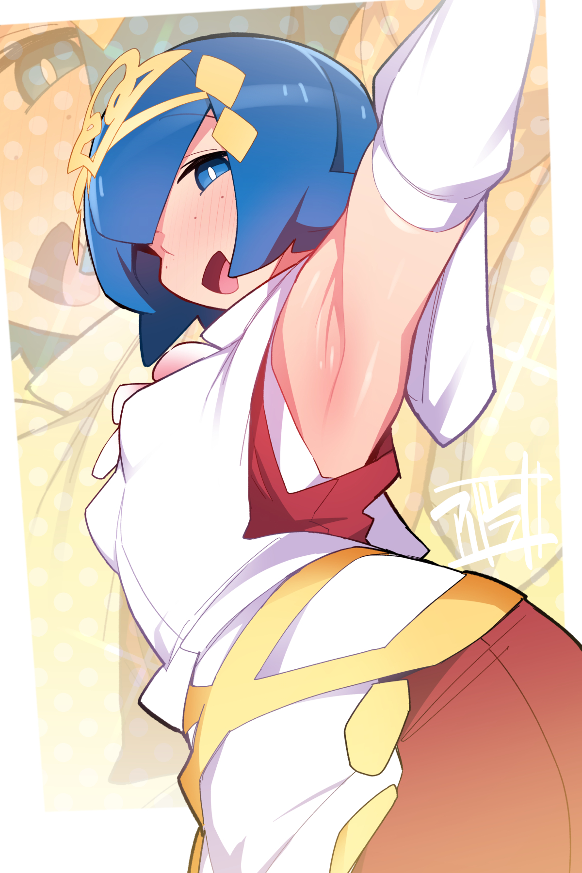 1girls, abarabone94, armpit focus, armpits, arms up, blue eyes, blue hair, female, female only, lana (new year's 2026) (pokemon masters), lana (pokemon), looking at viewer, pokemon, pokemon masters, pokemon masters ex, pokemon sm, shrine maiden, small breasts, solo, tagme