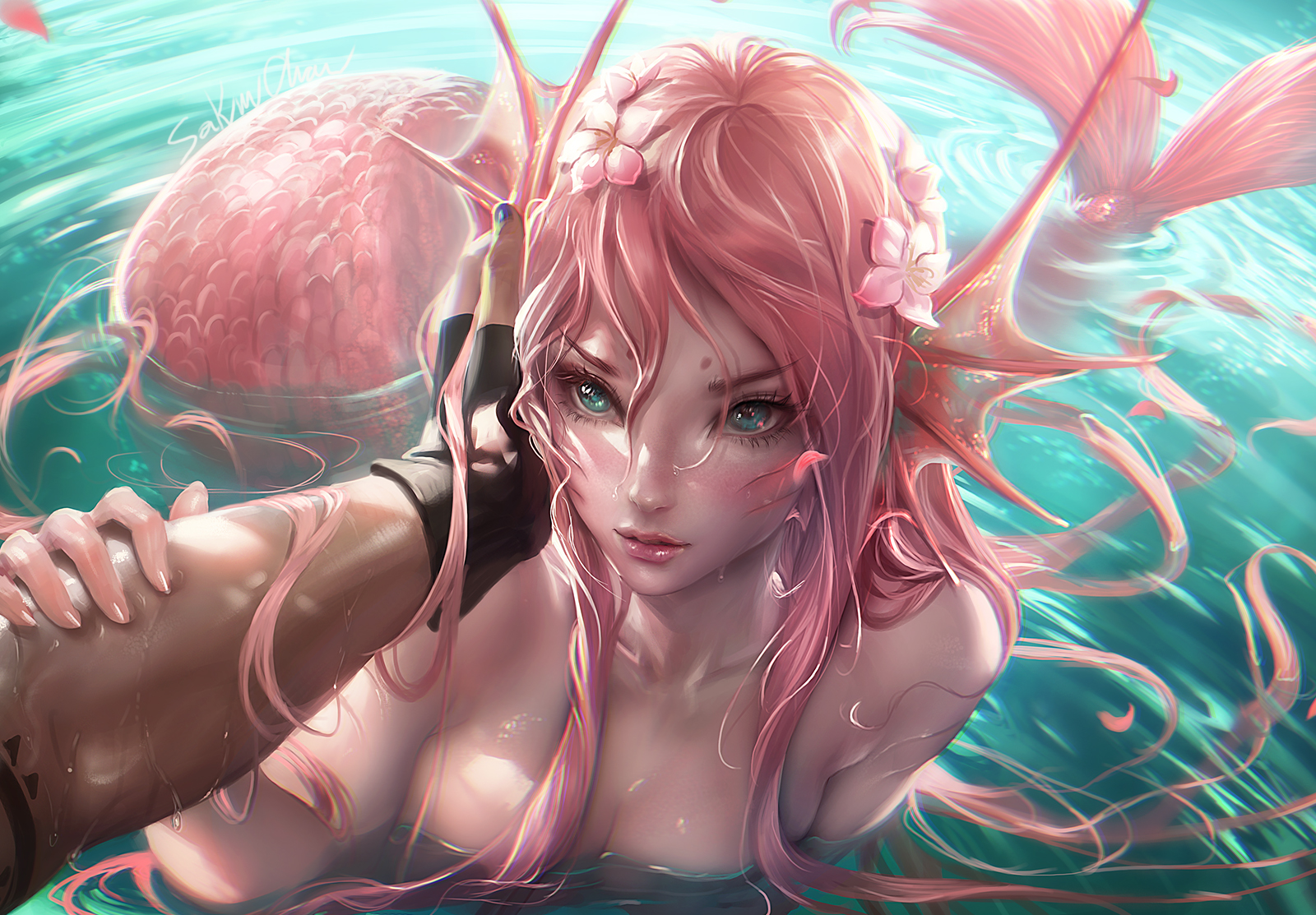 1boy, 1girls, blue eyes, cleavage, female, hand on face, holding arm, long hair, male, merfolk, mermaid, pink hair, pov, sakimichan, solo focus, tattoo