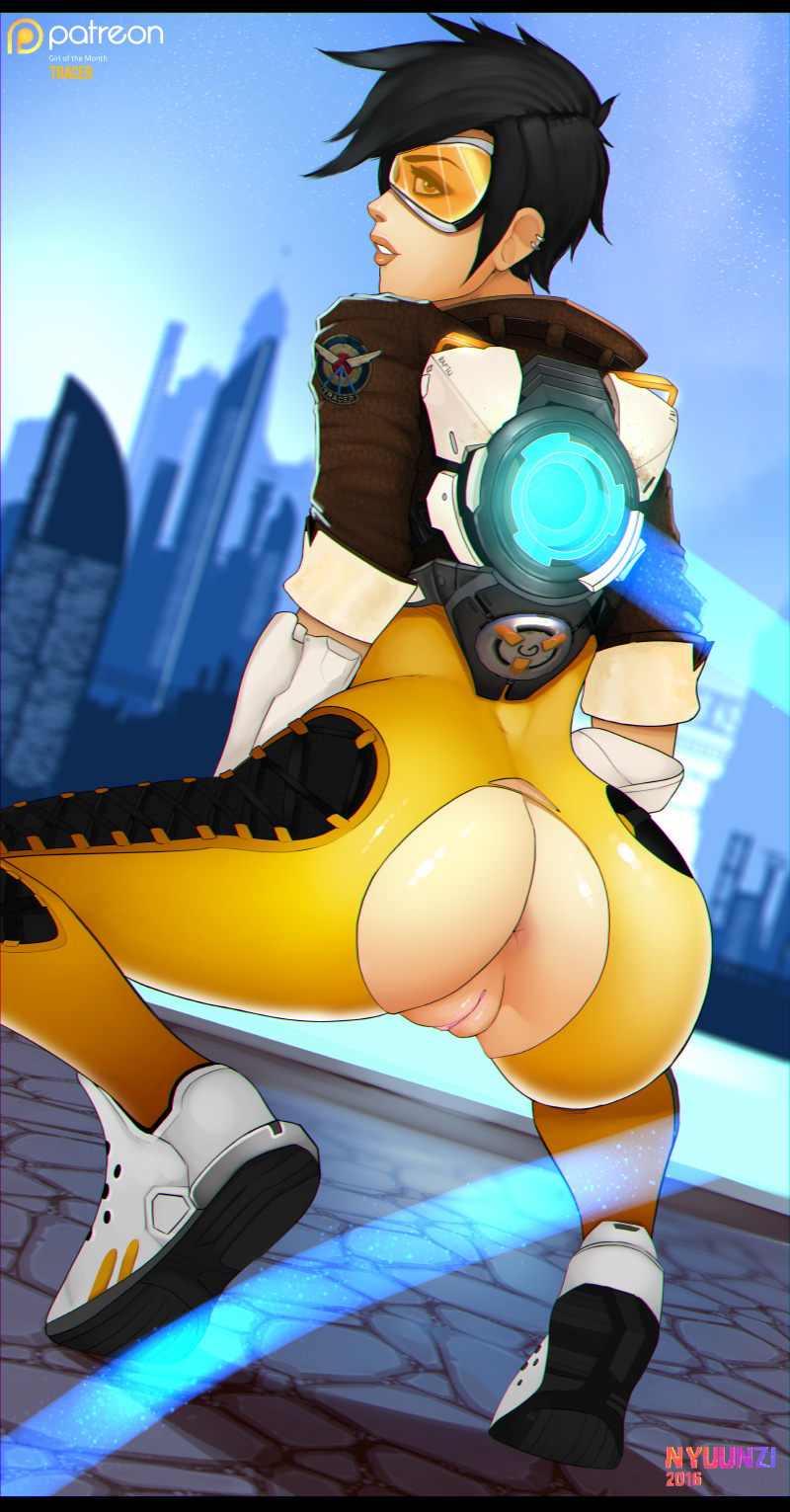 anus, ass, black hair, bodysuit, female, goggles, nyuunzi, overwatch, pussy, short hair, solo, squatting, tracer