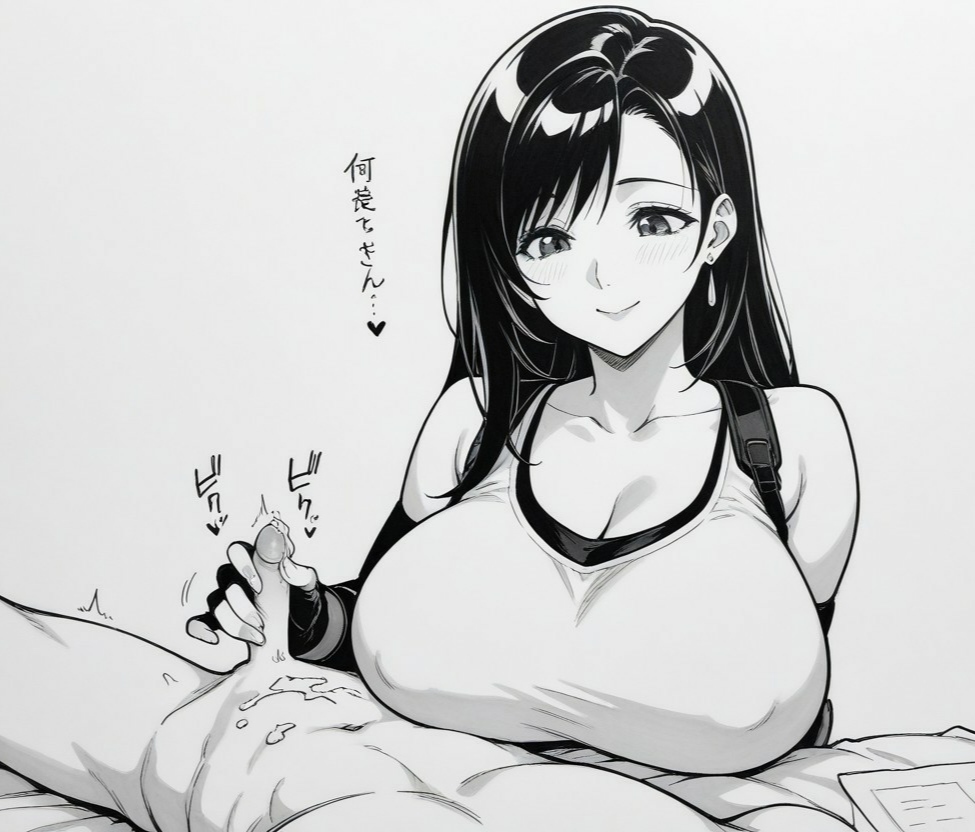 ai generated, big breasts, breasts, cum, female, final fantasy, final fantasy vii, handjob, huge breasts, male, male/female, penis, pov, small penis, small penis adoration, smile, straight, tifa lockhart