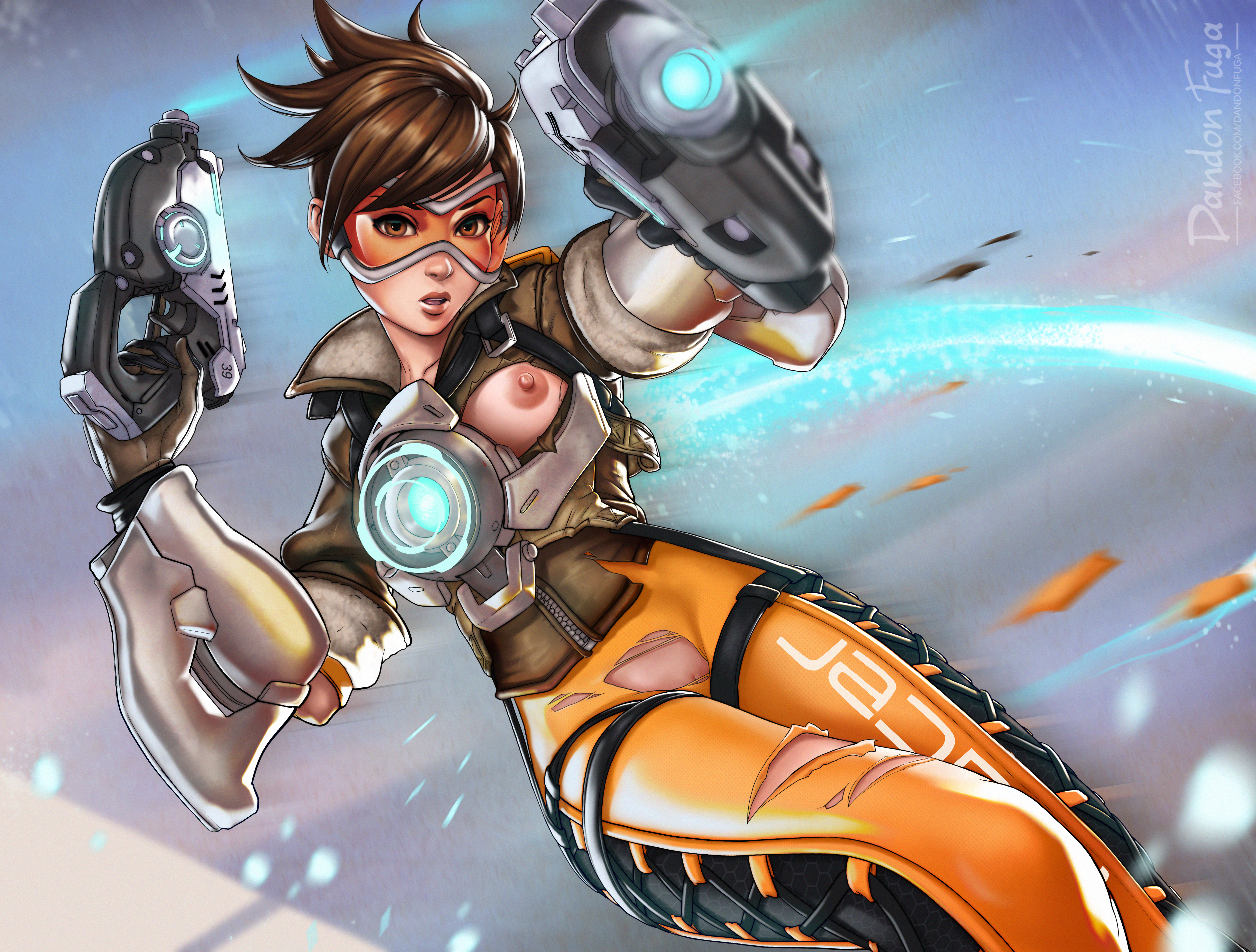 blizzard entertainment, bodysuit, breasts, brown eyes, brown hair, covered breasts, covered nipples, dandon fuga, female, female only, glasses, gun, large breasts, legs, nipples, overwatch, pussy, short hair, solo, thighs, torn clothes, tracer, vagina, weapon