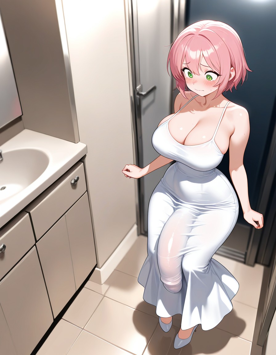 1futa 1girls ai_generated bathroom big_ass big_breasts blush bursting_breasts dress dripping_cum embarrassed futa_only futanari green_eyes huge_cock penis_under_clothes pink_hair precum round_ass short_hair small_waist thick_thighs wide_hips zynai