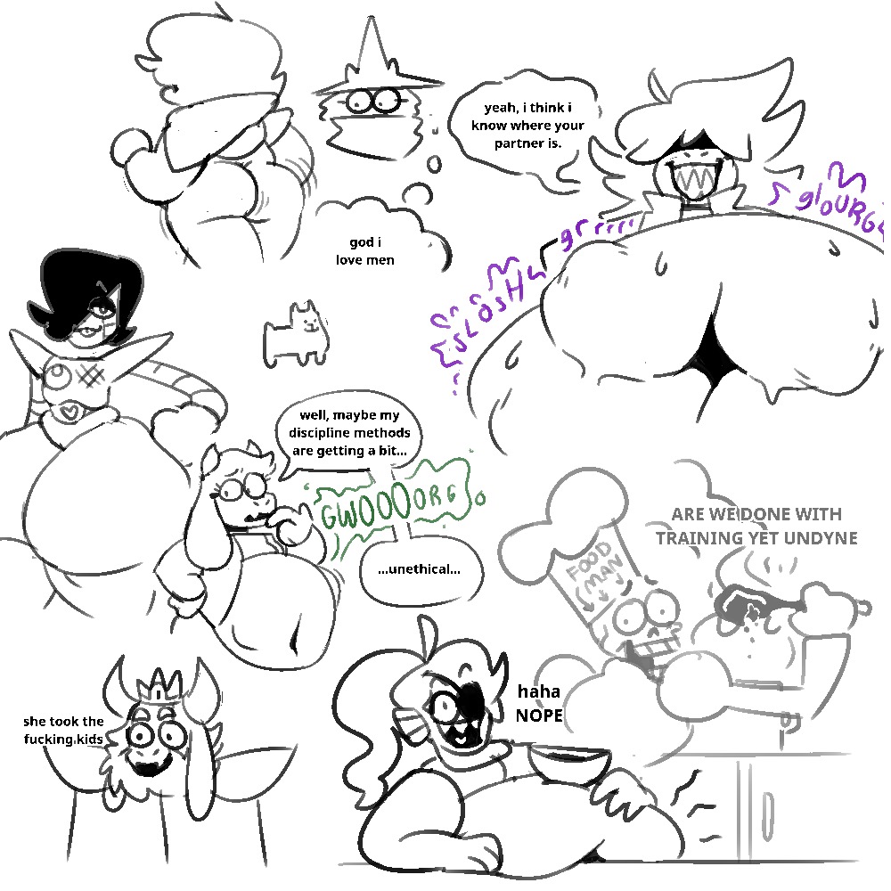 annoying_dog_(undertale) asgore_dreemurr belly_bulge big_belly deltarune fat kris_(deltarune) mcgrimpus mettaton_ex papyrus predator/prey ralsei shitpost sludgeon soft_vore squimpus_mcgrimpus susie_(deltarune) text_box toriel undertale undyne unknown_prey vore