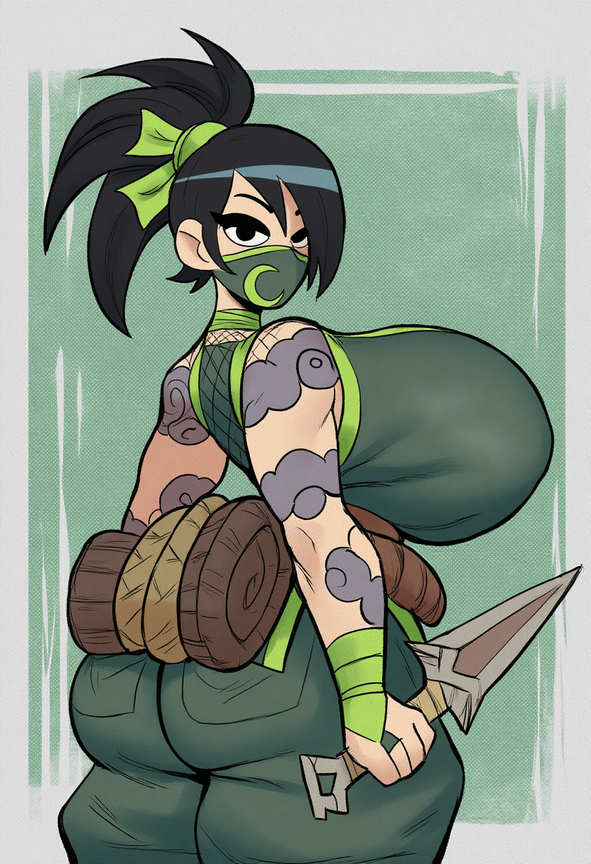 1girls ai_generated akali alternate_breast_size big_breasts black_hair breasts from_behind gigantic_breasts green_pants green_shirt huge_breasts large_breasts league_of_legends looking_at_viewer looking_back mask nai_diffusion ninja ninja_girl riot_games solo stable_diffusion tattoo voluptuous