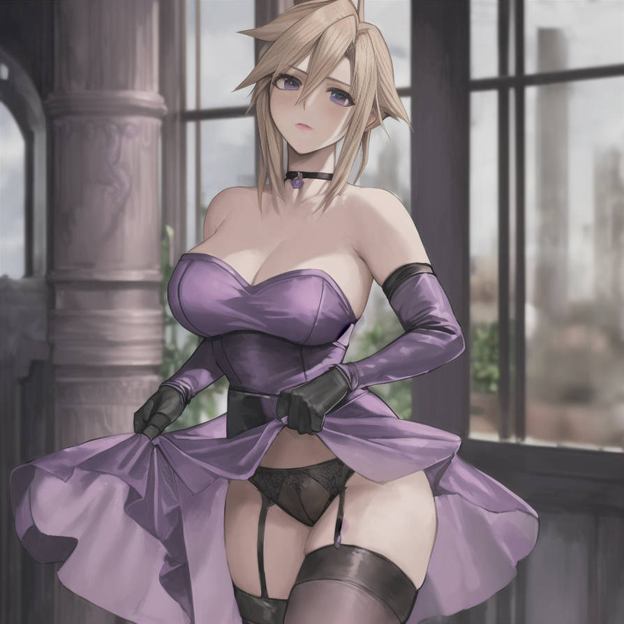 1girls ai_generated black_panties blonde_hair breasts choker cloud_strife dress dress_lift elbow_gloves final_fantasy final_fantasy_vii garter_belt garter_straps genderswap_(mtf) gloves large_breasts lexxi_17 lifted_by_self looking_at_viewer panties purple_dress purple_eyes rule_63 short_hair thighhighs