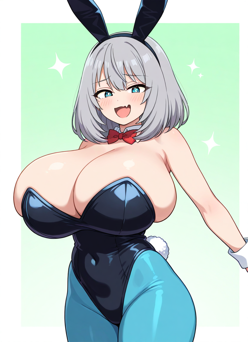 ai_generated blue_eyes bunny_girl bunnysuit flesh_fang huge_breasts silver_hair teamrocktgrl tejina_senpai tejina_senpai_(character) tejina_senpai_(series)