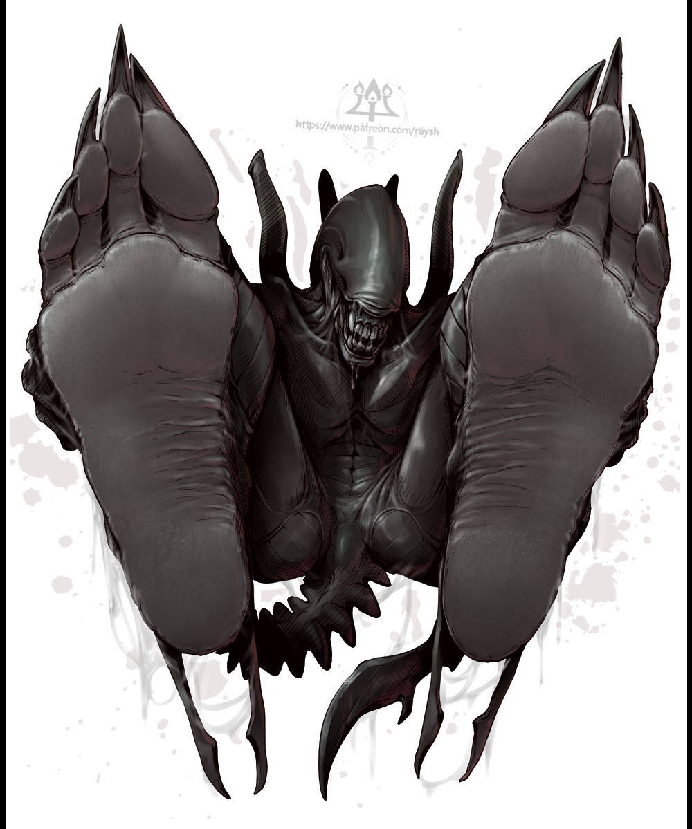 alien alien_(franchise) big_feet claws feet feet_fetish foot_focus gigren_(artist) legs long_feet long_soles no_background soles solo solo_male talons toes wet xenomorph